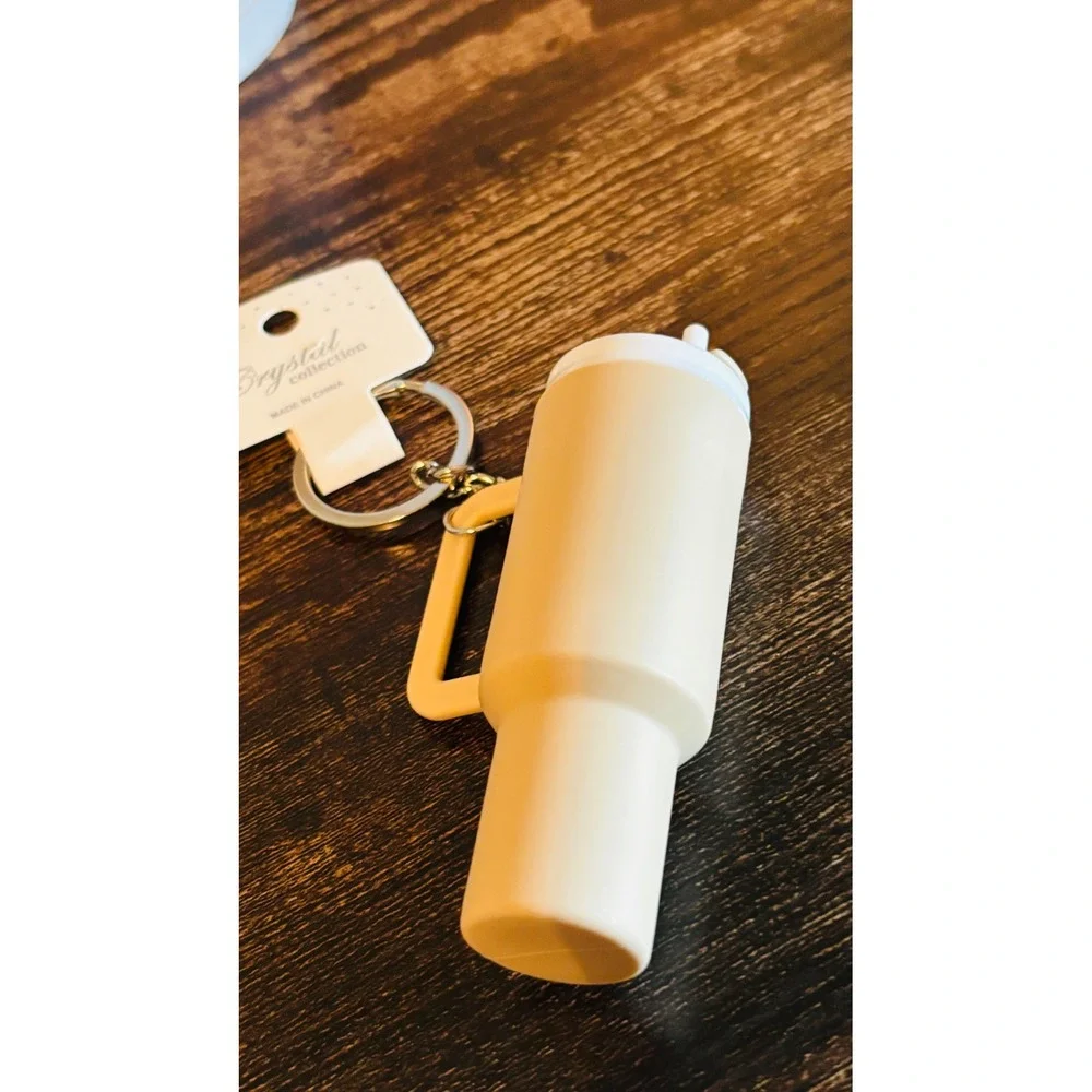Mini Tumbler Keychain Beige Matte Cup Charm with Straw and Handle New